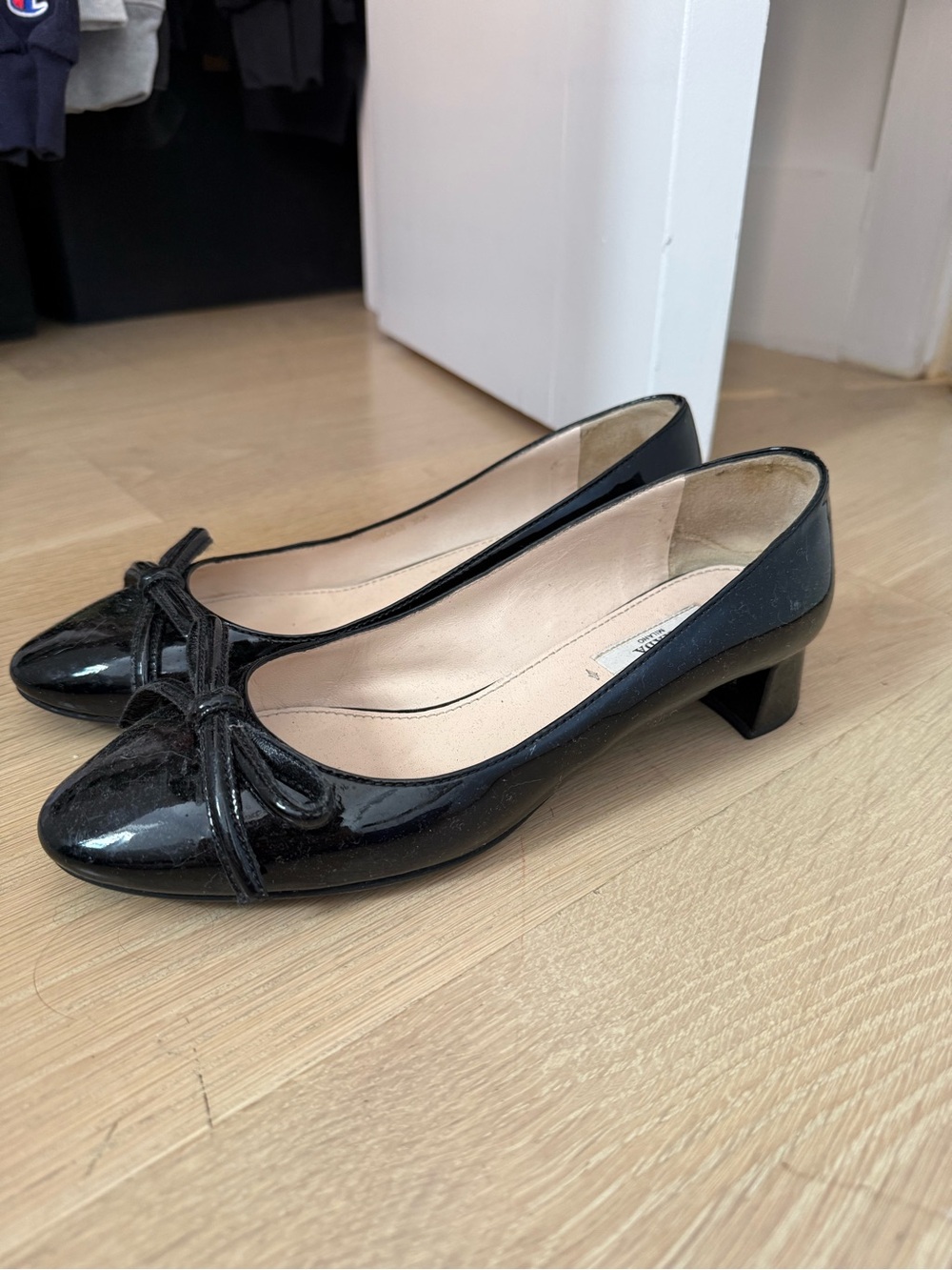 Prada Black Patent Low-Heel Bow Pumps